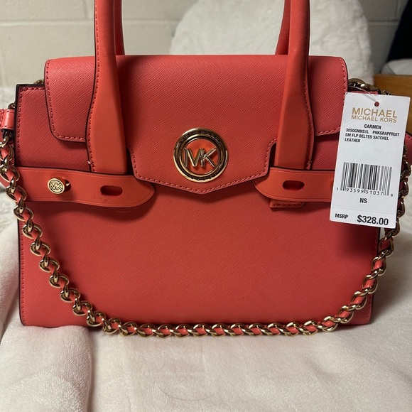 NWT MICHAEL KORS CARMEN LEATHER BELTED SATCHEL IN PINK GRAPEFRUIT - Picture 2 of 4